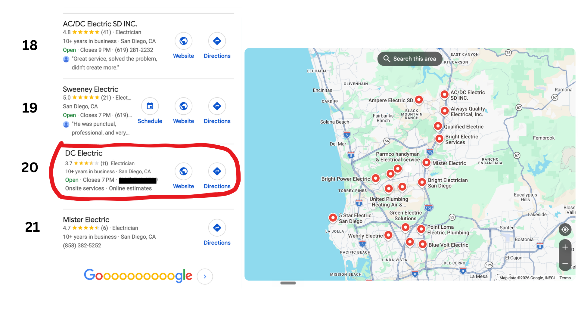 DC Electric appearing at position #20 in the Google Maps pack with 11 reviews and a 3.7 rating