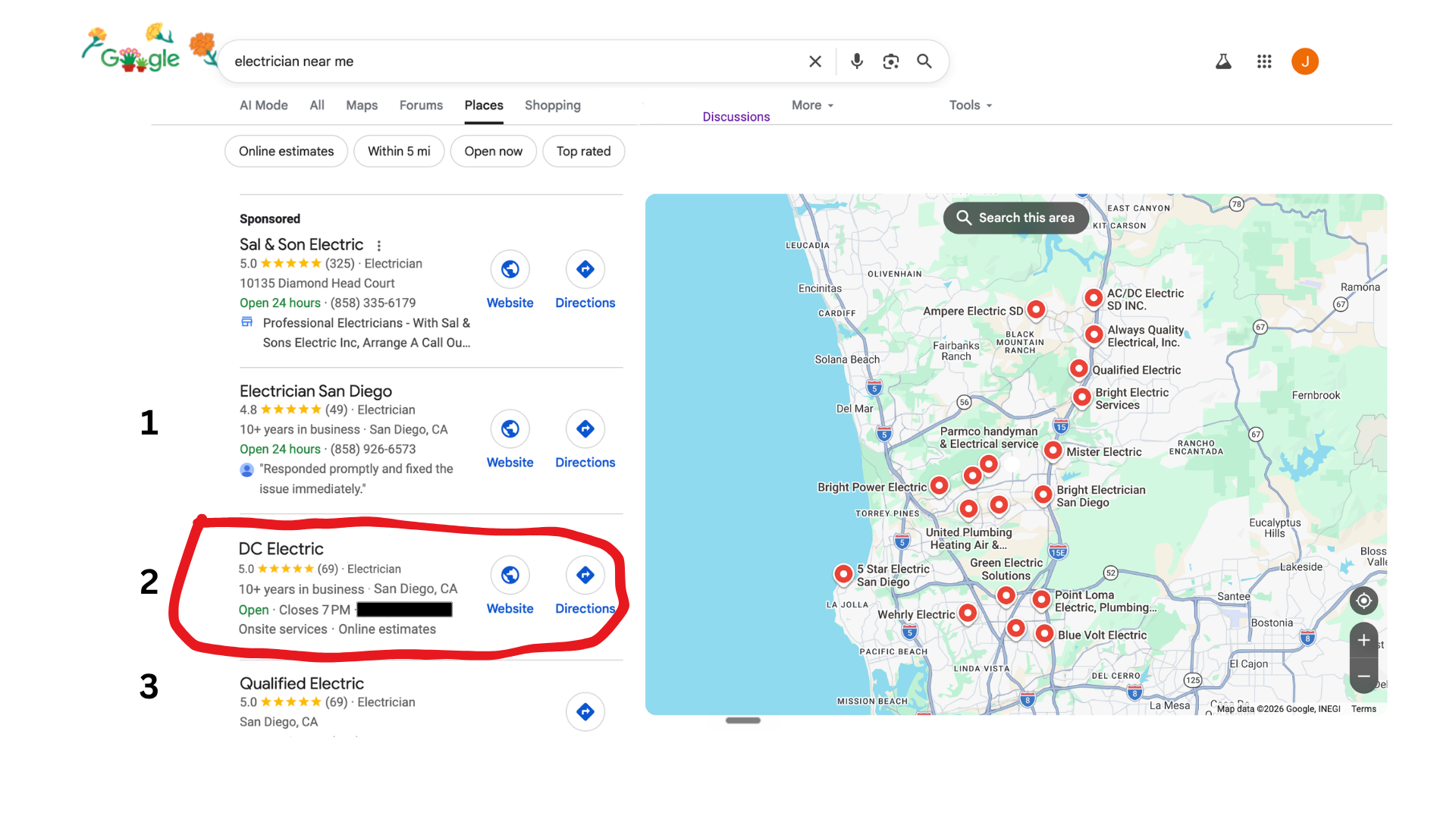 DC Electric ranking #2 in the Google Maps pack with 69 five-star reviews